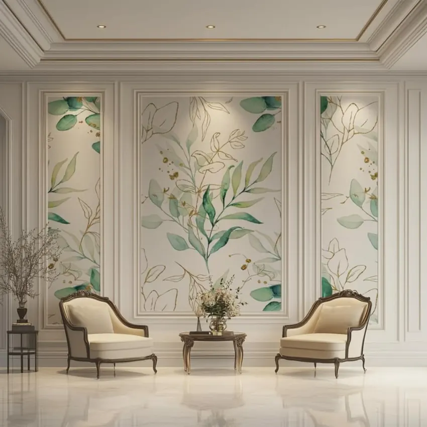 Elegant green botanical panels in a refined living space