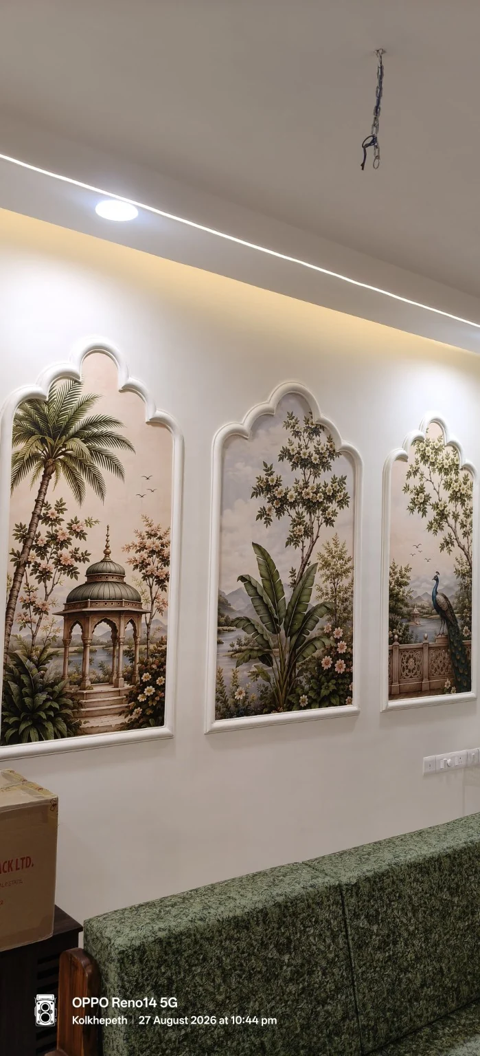 Arched decorative wallpaper panels in an interior