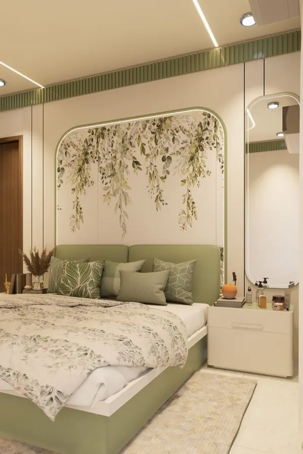 Soft sage floral headboard feature wall
