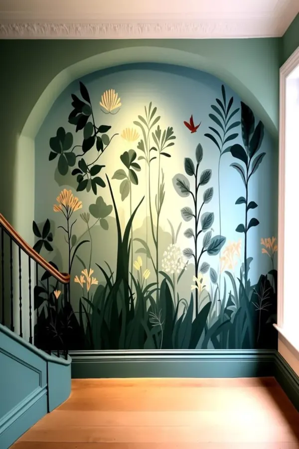 Lush green botanical statement wall on stairway